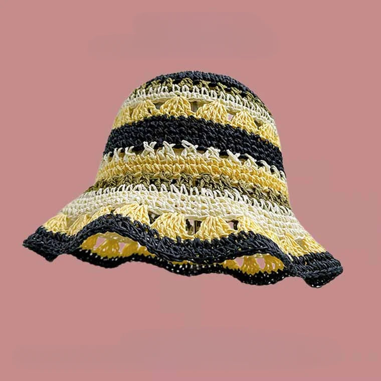 Seaside Colorful Striped Hollow Straw Bucket Hat