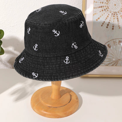 Korean Washed Denim Anchor Fisherman Bucket Hat