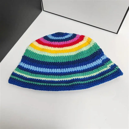 Hand Crochet Striped Contrast Knit Bucket Hat