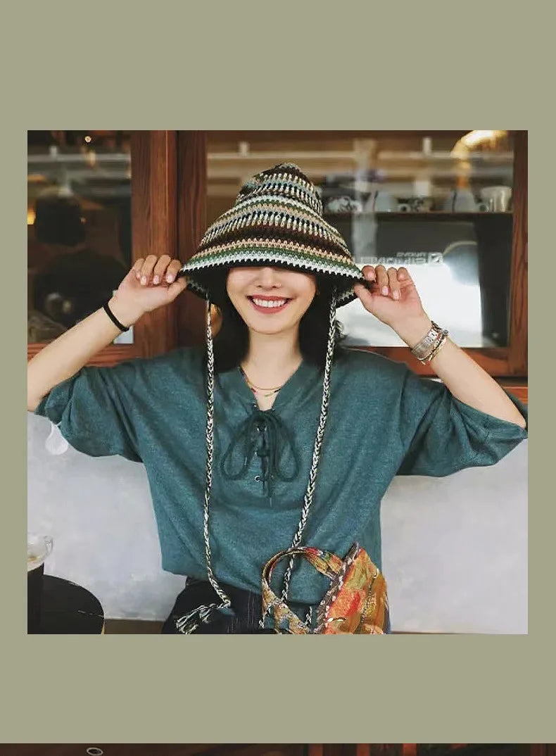 Large Size Contrasting Striped Crochet Hollow Bucket Hat