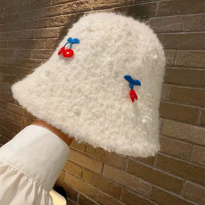 Pearl Rhinestone Plush Winter Bucket Hat for Women