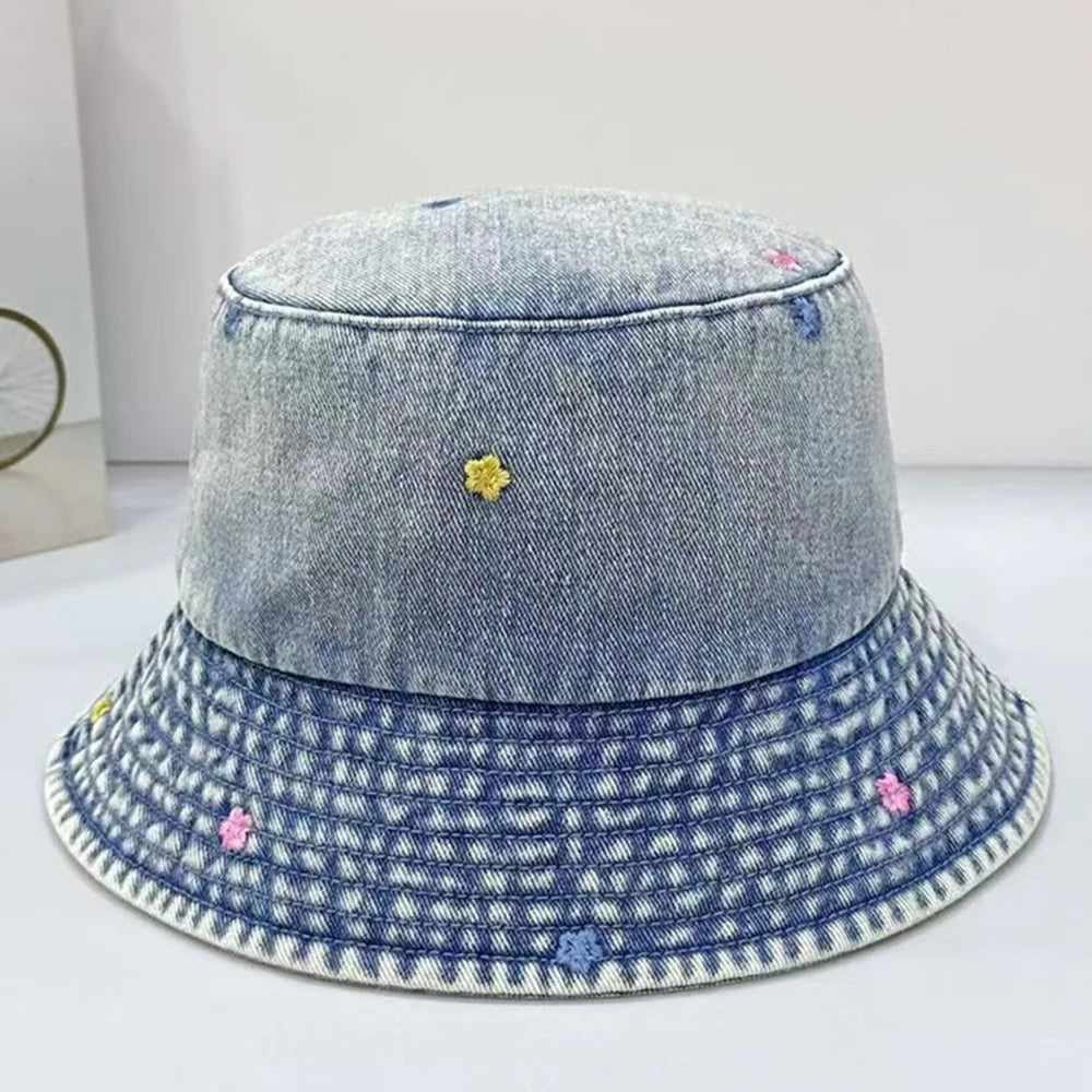 Korean Four Season Denim Flower Embroidered Bucket Hat
