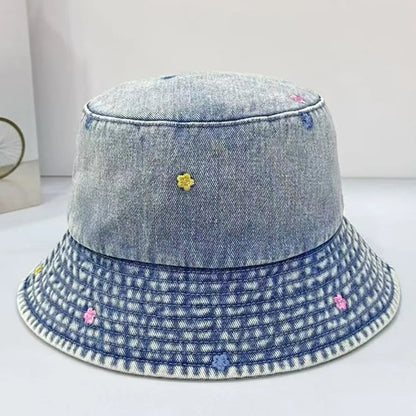 Korean Four Season Denim Flower Embroidered Bucket Hat