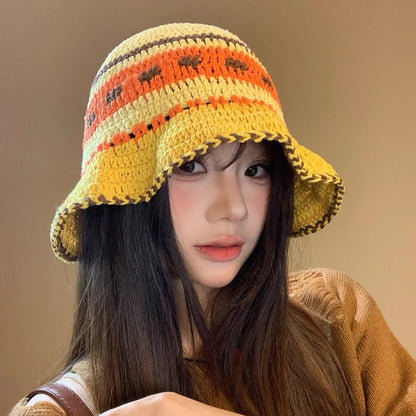 Ins Retro Contrasting Striped Versatile Bucket Hat