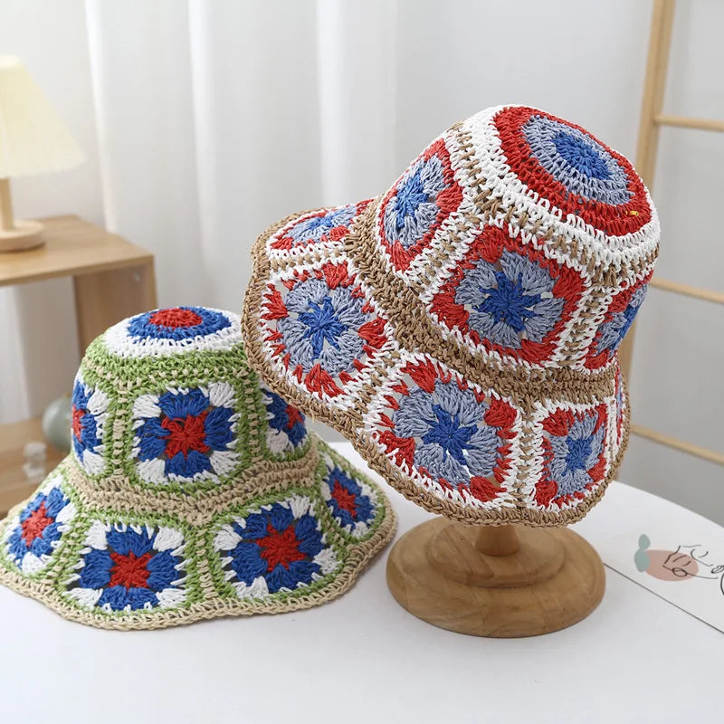 Japan Korea Crochet Straw Flower Bucket Hat