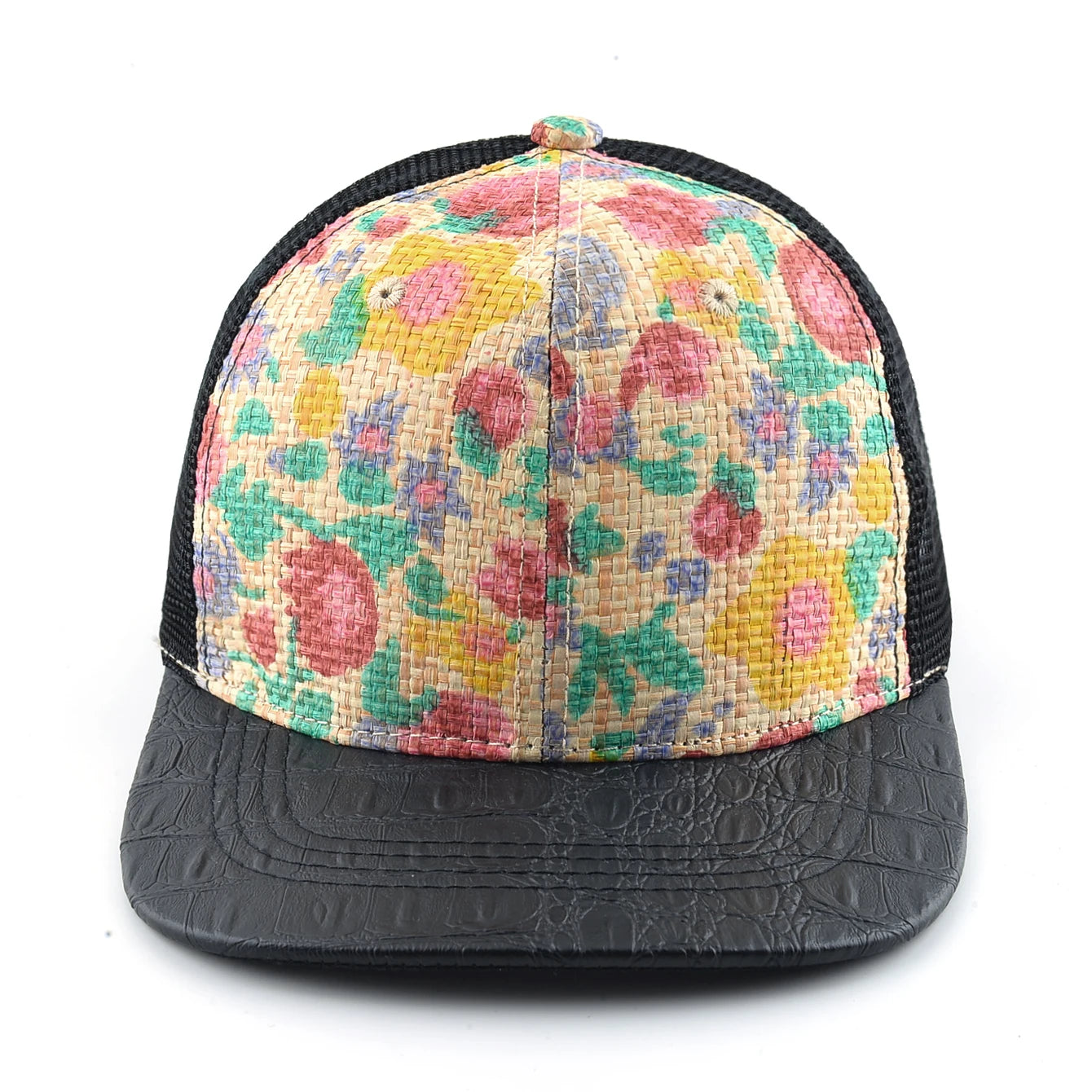 Straw Floral Flat Bill Baseball Cap