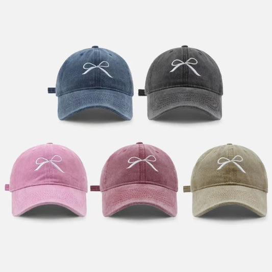Women Bow Embroidered Washed Baseball Cap