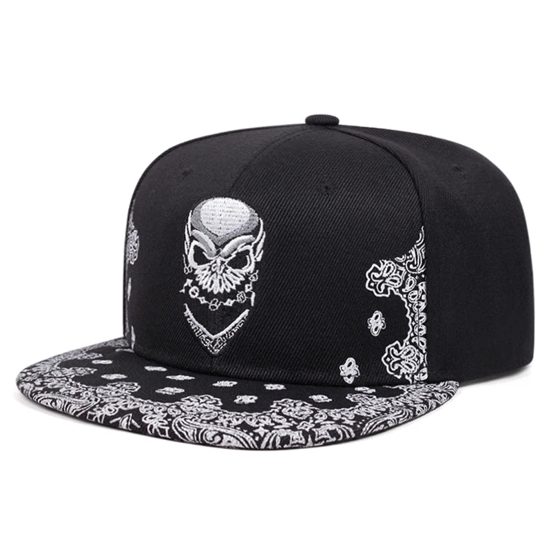 Paisley Skeleton Embroidery Hip Hop Flat Snapback Cap