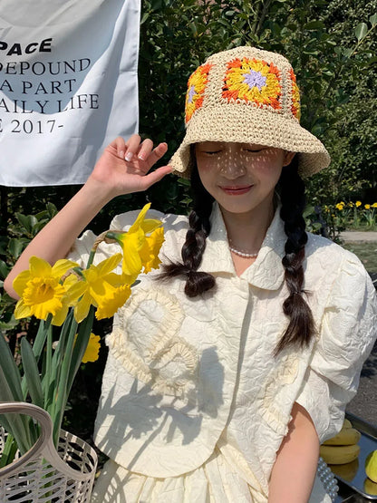 Women Crochet Straw Beach Fisherman Bucket Hat