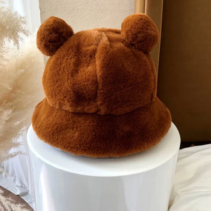 Women's Fluffy Bear Ear Bucket Hat