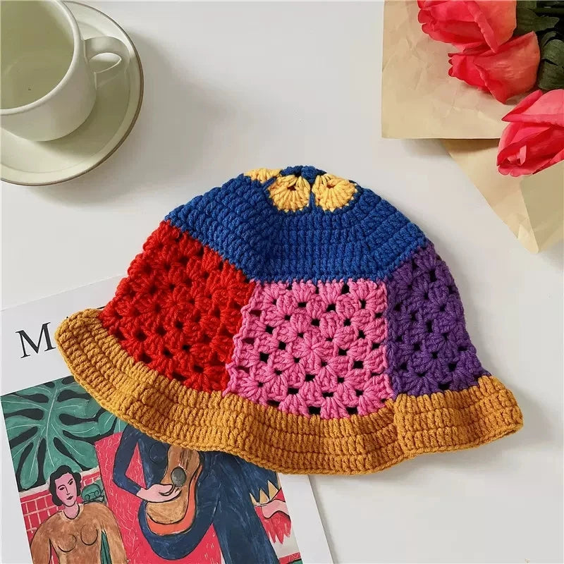 Korean Retro Flower Crochet Knitted Hollow Bucket Hat