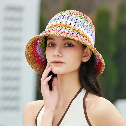 Womens Rainbow Straw Summer Bucket Hat