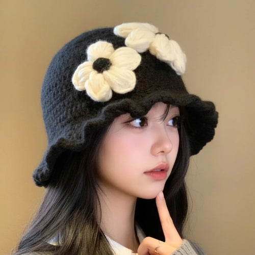 Oversized Floral Knit Korean Bucket Hat