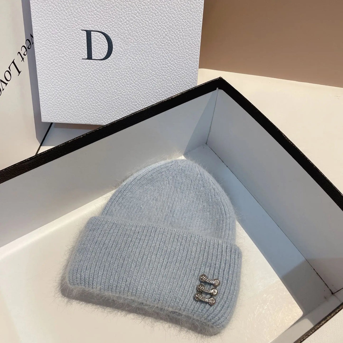 Trendy Ring Buckle Detail Rabbit Hair Knitted Hat