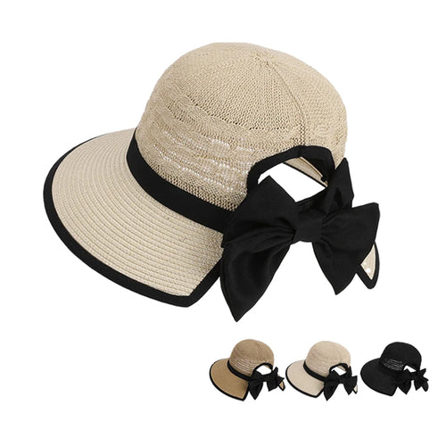 Bow-Tied Ponytail Straw Hat
