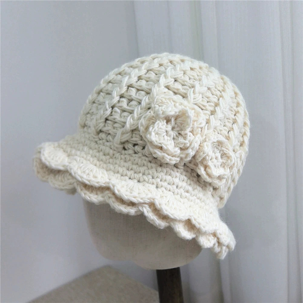 Winter Warm Crochet Woolen Flower Bucket Hat