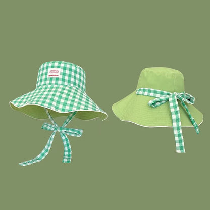 Double-Sided Plaid Lace-Up Bucket Hat Women