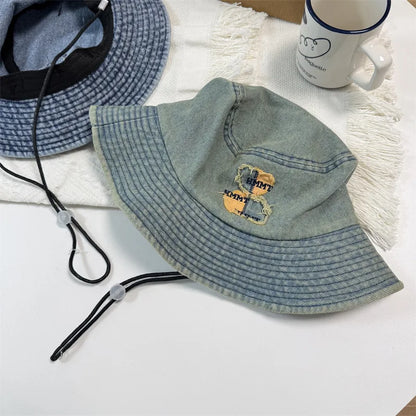 Japanese Style Big Brim Embroidered Denim Bucket Hat