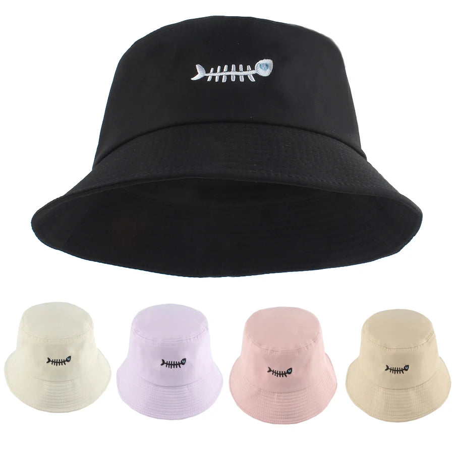 Fish Bone Embroidered Street Hip Hop Bucket Hat