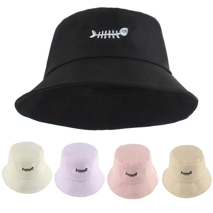 Fish Bone Embroidered Street Hip Hop Bucket Hat