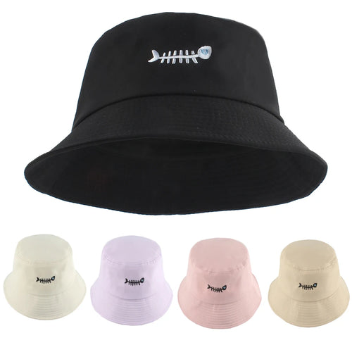 Fish Bone Embroidered Street Hip Hop Bucket Hat