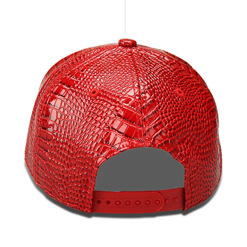 PU Crocodile Skin Letter Embroidered Flat Brim Baseball Hat