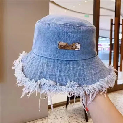 Washed Denim Tassel Wide Brim Bucket Hat