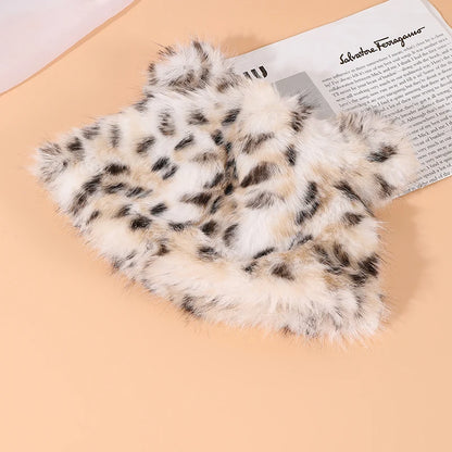 Korean Leopard Fox Fur Bucket Hat Women Autumn Winter