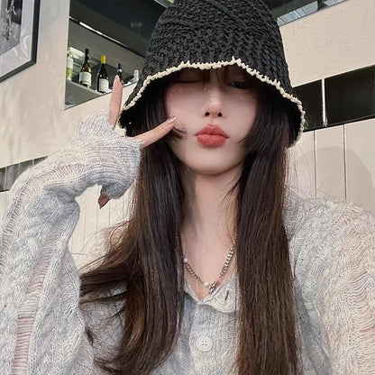Summer Crochet Hollow Lace Trim Bucket Hat