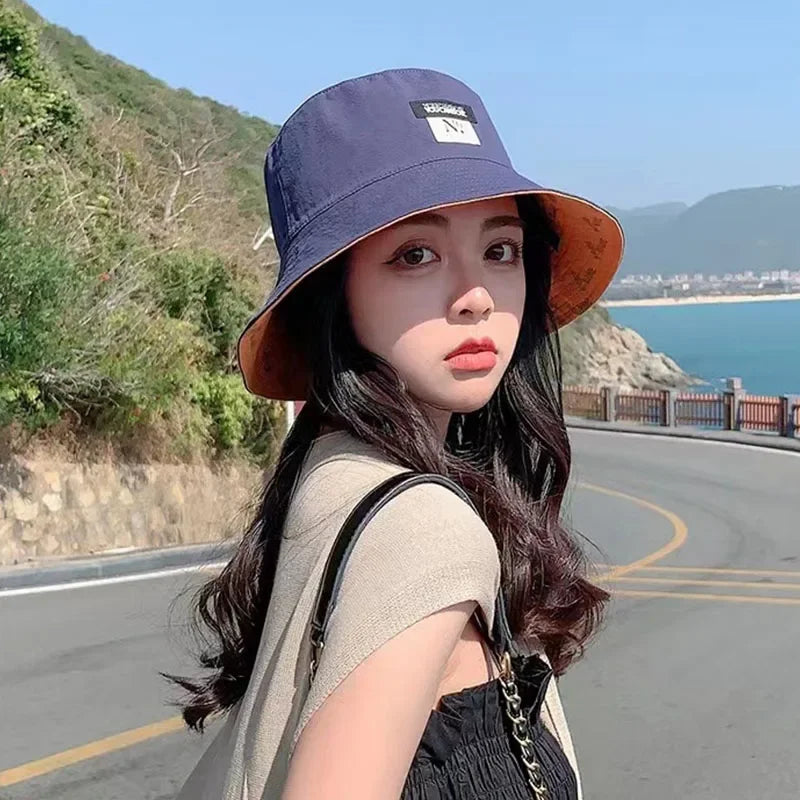 Reversible Korean Letter Print Summer Women Bucket Hat