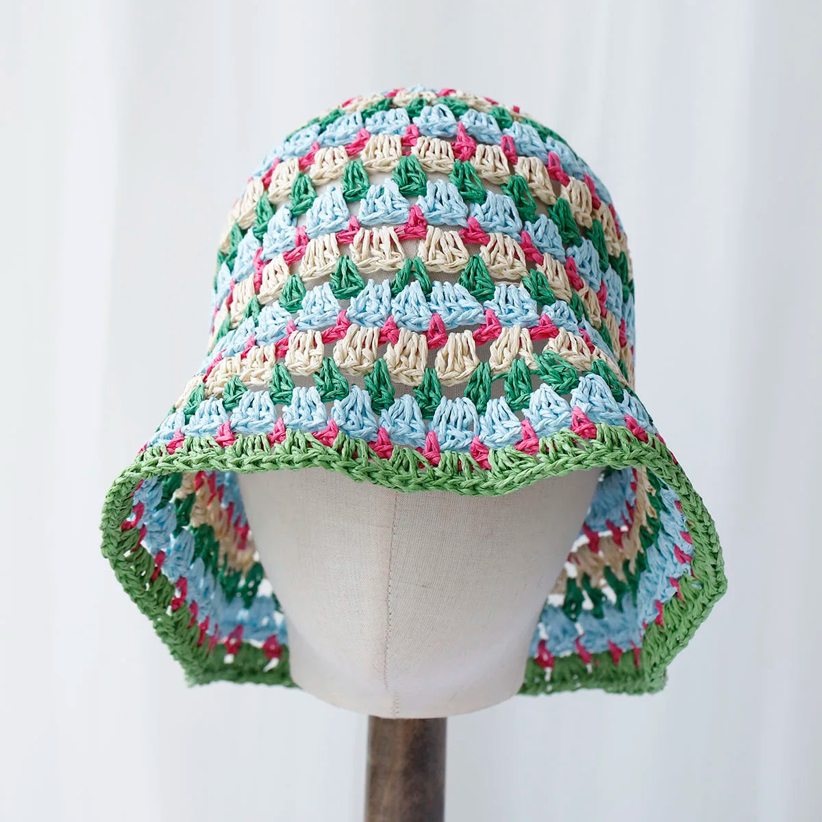 Womens Striped Rainbow Crochet Sun Bucket Hat