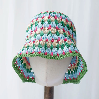Womens Striped Rainbow Crochet Sun Bucket Hat