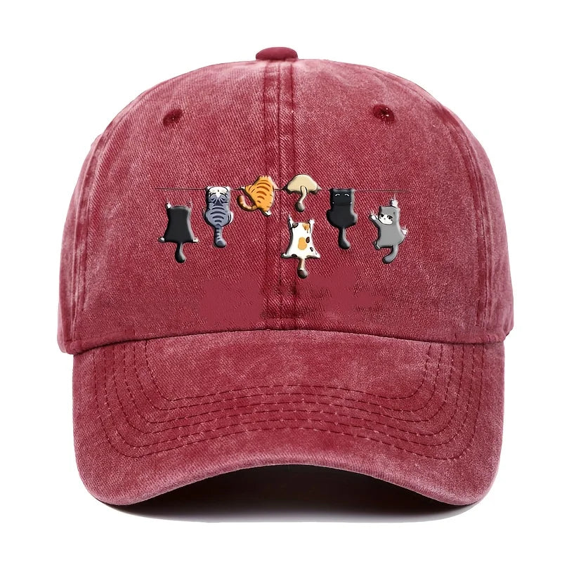 Cute Cat Print Washed Vintage Baseball Cap