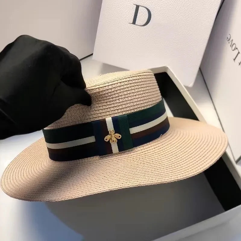 Striped Bee Embroidery Wide Brim Bucket Hat