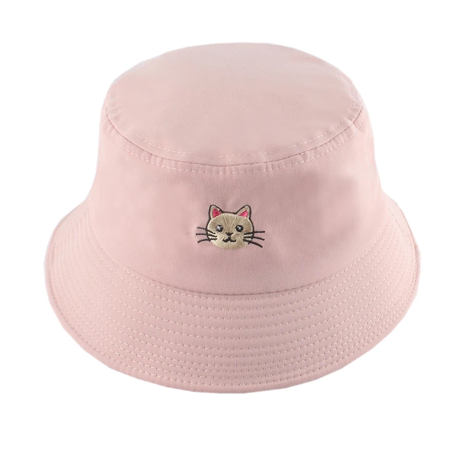 Summer Cat Embroidered Cotton Bucket Hat