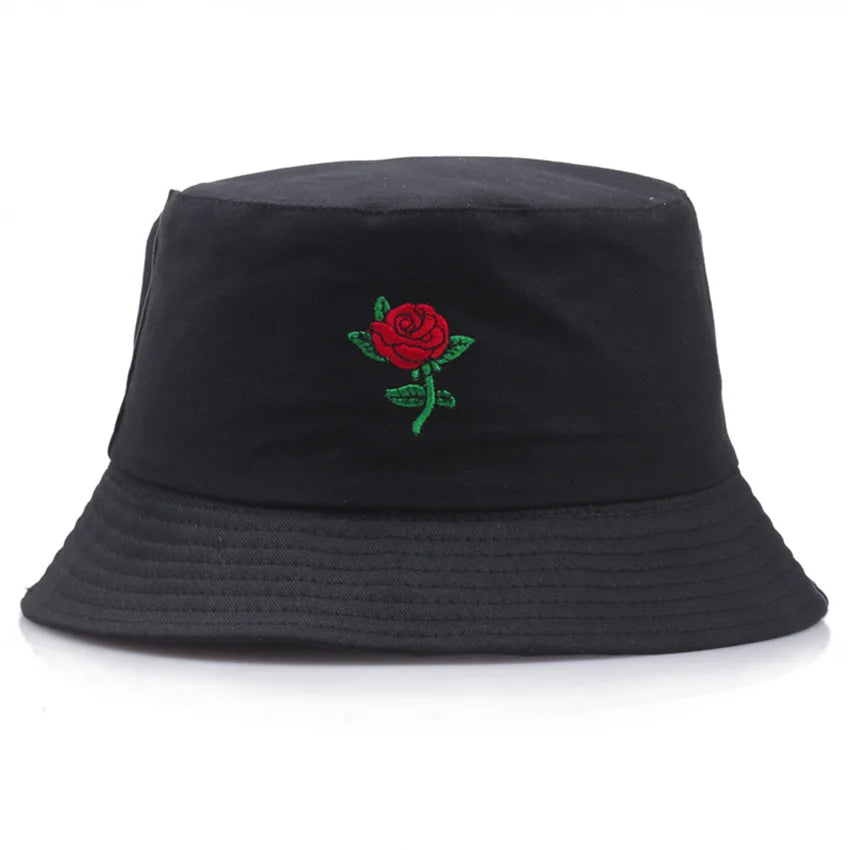Summer Embroidery Rose Cotton Blend Classic Bucket Hat