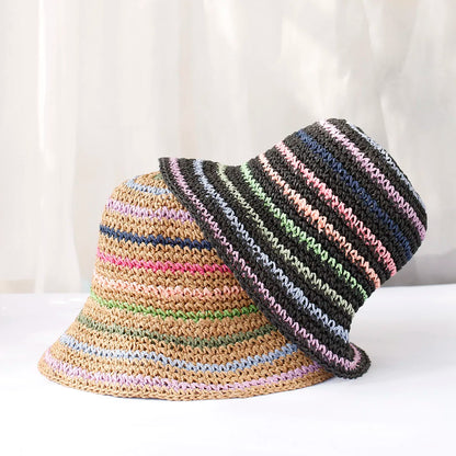 Women Rainbow Straw Crochet Sun Bucket Hat