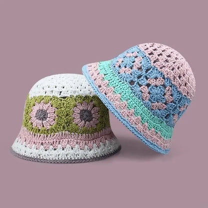 Knit Flower Breathable Multicolor Wide Brim Bucket Hat