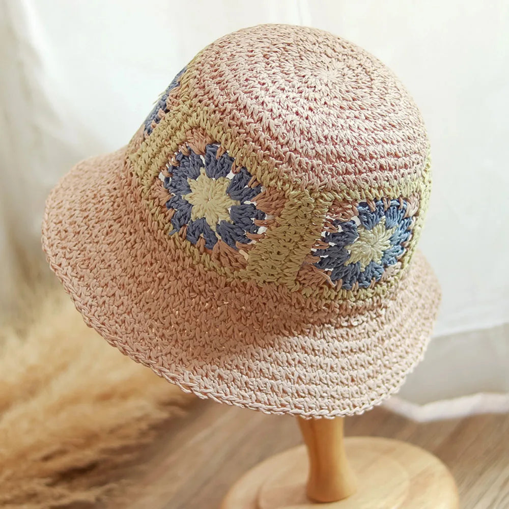 Women Crochet Straw Beach Fisherman Bucket Hat