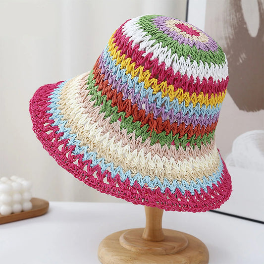 Womens Rainbow Braided Straw Wide Brim Bucket Hat