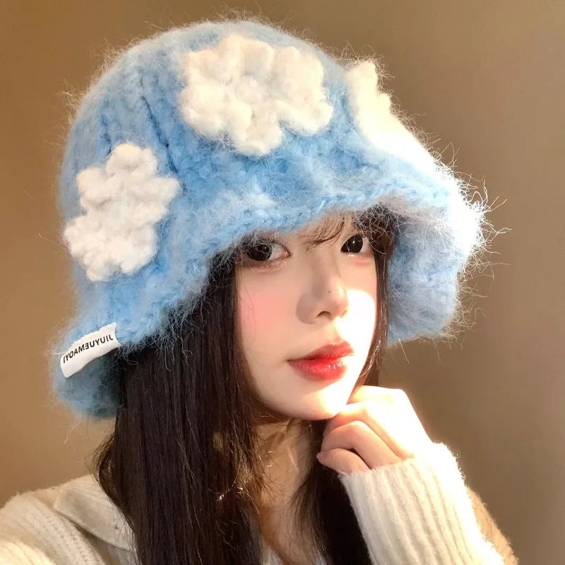 Sweet Flower Knitted Y2K Winter Bucket Hat