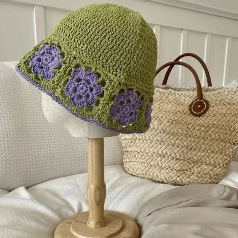 Knitted Floral Crochet Outdoor Travel Women Bucket Hat