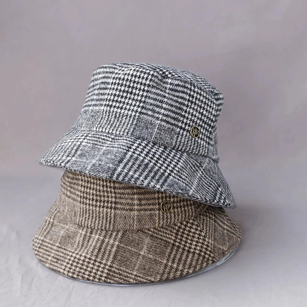 British Checkerboard Wool Wide Brim Bucket Hat