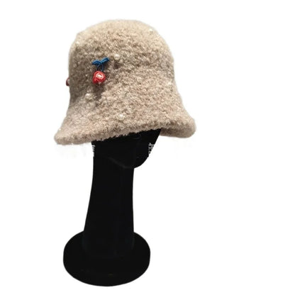 Pearl Cherry Lamb Wool Winter Bucket Hat