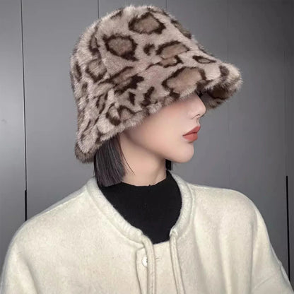Vintage Leopard Plush Fur Winter Bucket Hat