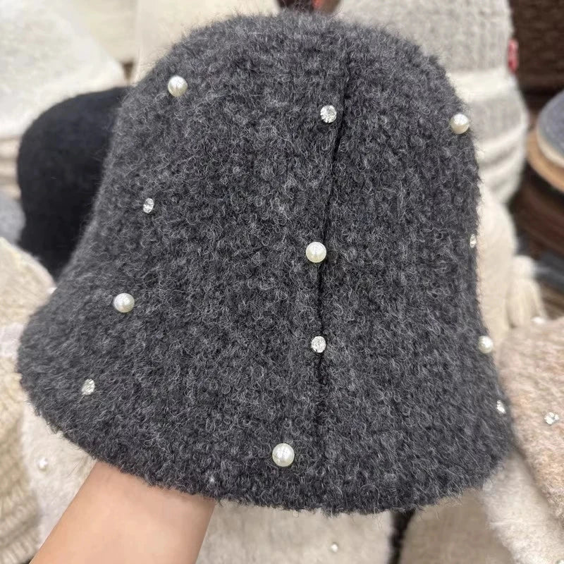 Pearl Rhinestone Plush Winter Bucket Hat for Women