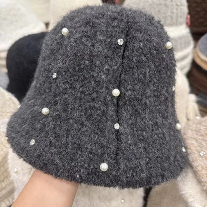 Pearl Rhinestone Plush Winter Bucket Hat for Women
