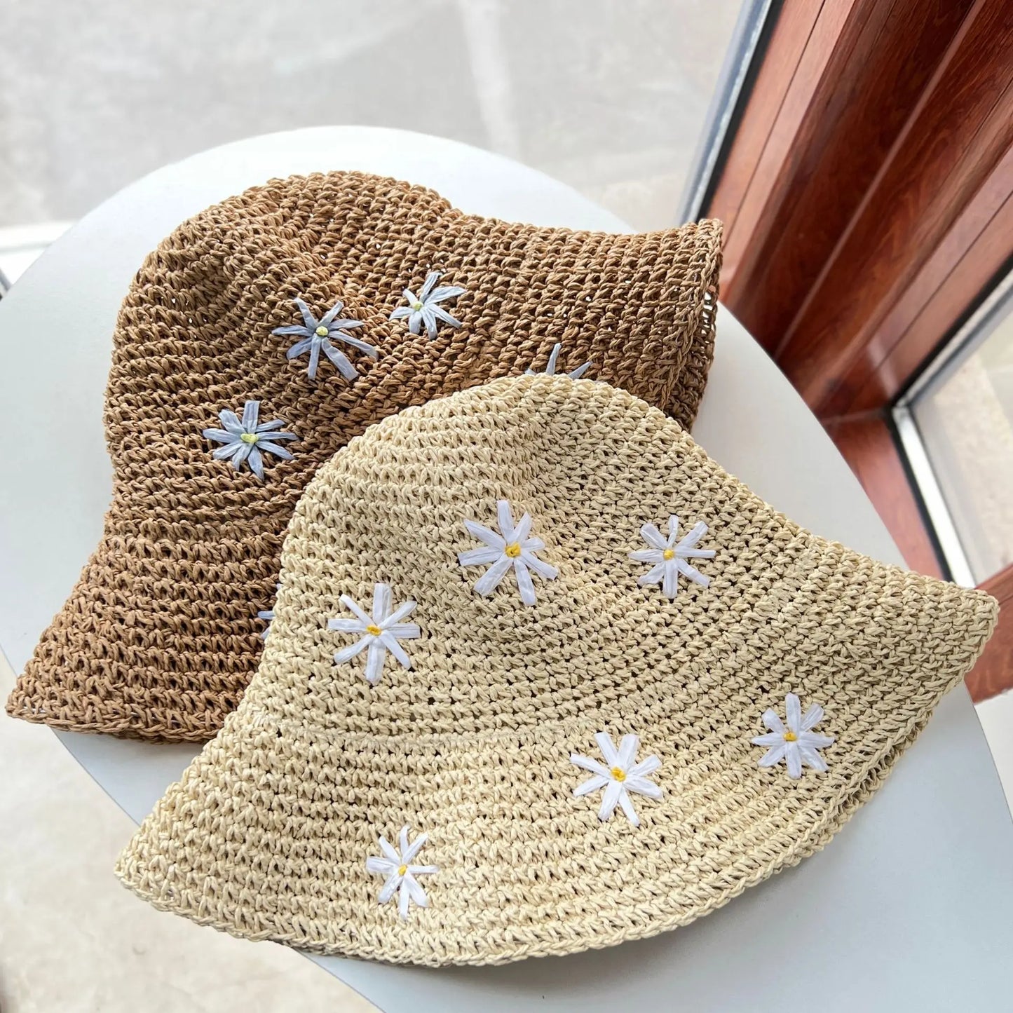 Summer Crochet Straw Flower Embroidered Bucket Hat