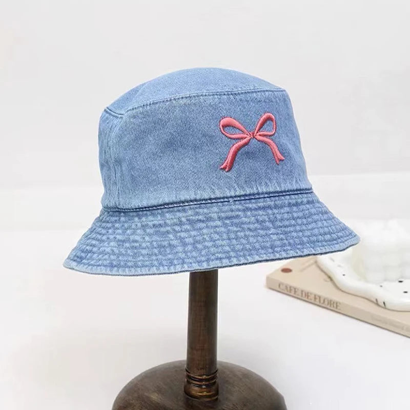 Butterfly Embroidery Cotton Denim Summer Bucket Hat