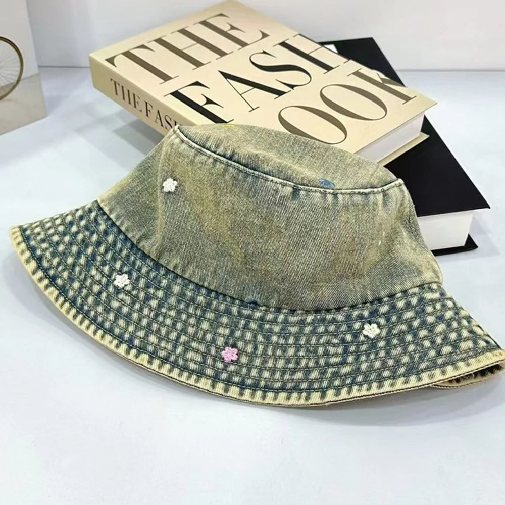 Korean Four Season Denim Flower Embroidered Bucket Hat